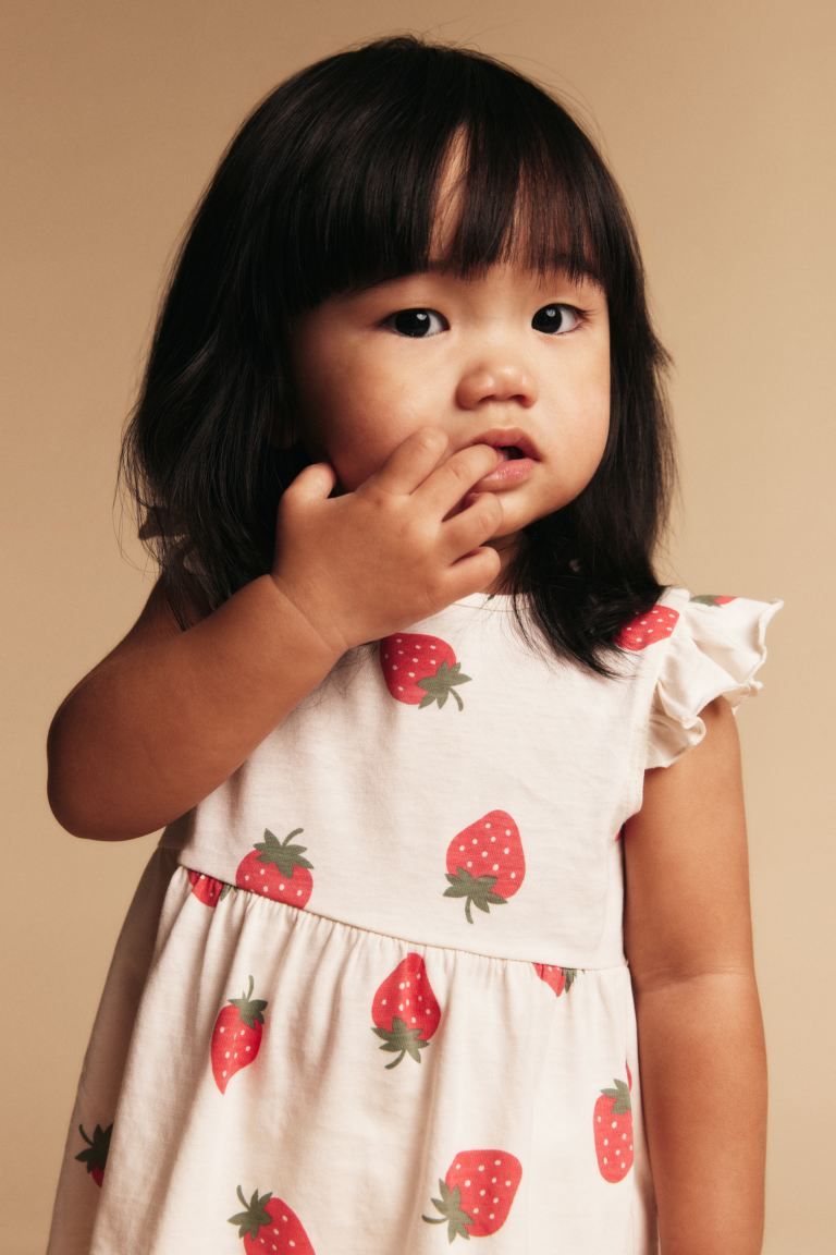 Ruffle-trimmed Jersey Dress - Round Neck - Sleeveless - White/strawberries - Kids | H&M US | H&M (US + CA)