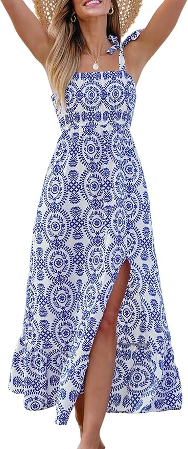 CUPSHE Women's Maxi Dress Casual Smocked Straps Paisley Ruffled Slit A Line Long Beach Summer Dre... | Amazon (US)