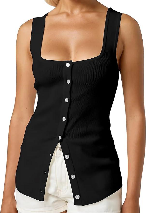 MISSACTIVER Women Summer Square Neck Button Down Sweater Tank Top Sleeveless Backless Slim Fit Kn... | Amazon (US)