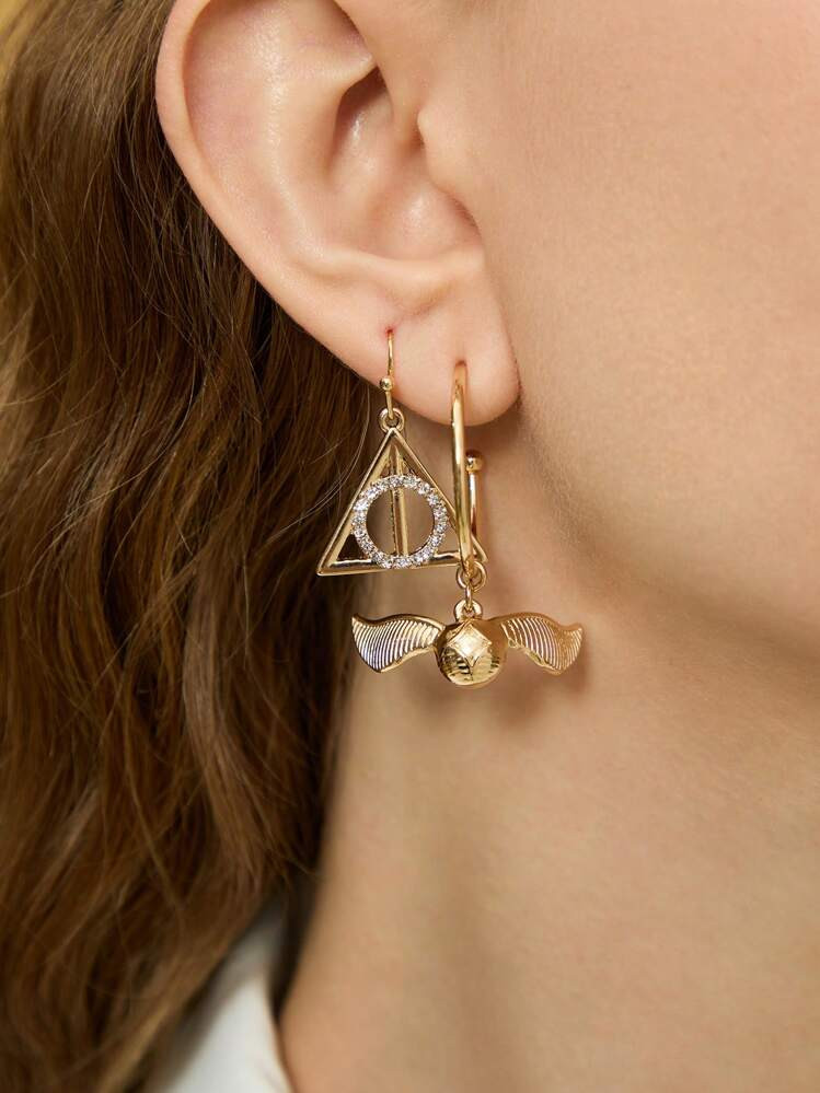 HARRY POTTER X SHEIN 2 Pairs/Set Gold Zinc Alloy Rhinestones Earring Set, Gifts,Golden Snitch & Deathly Hallows,Fashionable Jewelry,Back To School | SHEIN