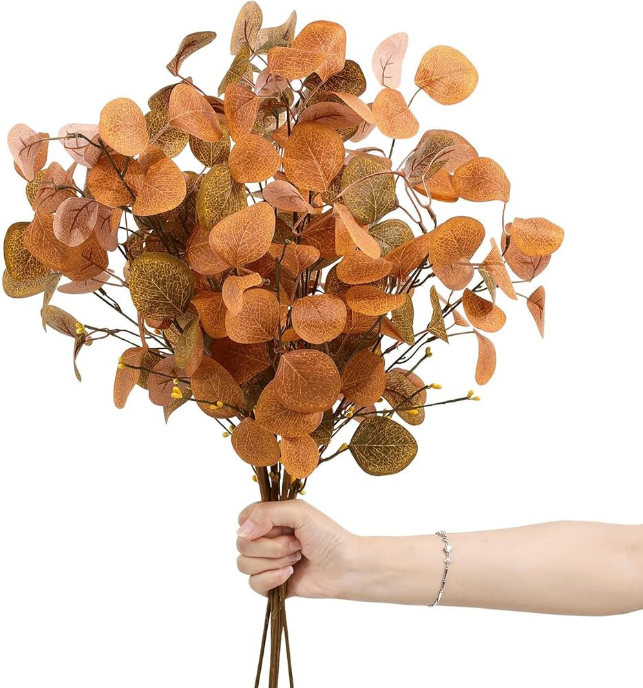 Topotdor 6Pcs Artificial Fall Eucalyptus Leaves Stems, 21" Long Orange Silver Dollar Leaves Faux ... | Amazon (CA)