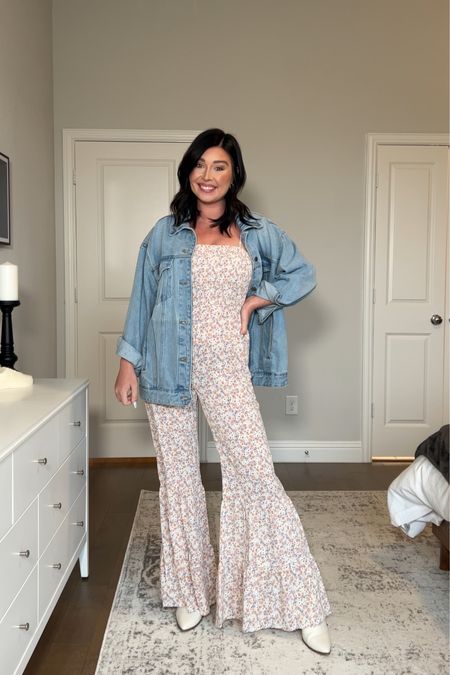 The perfect floral jumpsuit paired with an oversized denim jacket and white booties for the spring. I’ll be wearing this on spring break for sure. Wearing a medium in both pieces. 

#LTKstyletip #LTKSeasonal