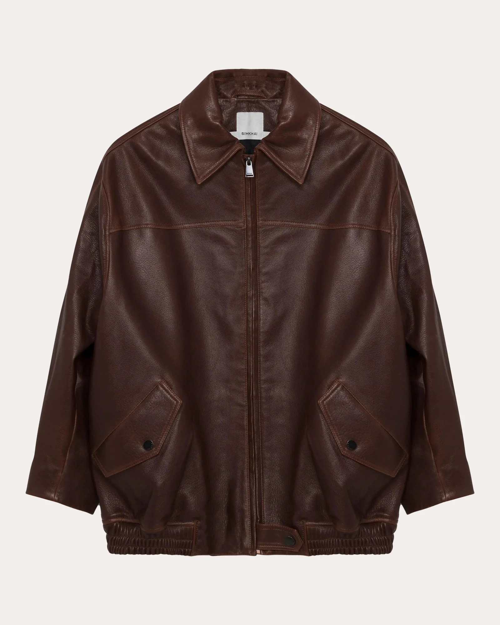 SIMKHAI Women's Huntington Oversized Leather Jacket in Brown Leather/Cotton/Viscose | Olivela