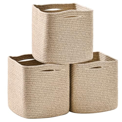 ICERZCZ 11 Inch Cube Storage Bins, Storage Cube Organizer Bins, Woven Cotton Rope Baskets for Storage, Storage Basket for Organizing Shelves, Square Baskets for Toys Nursery, Brown (Pack of 3) | Amazon (US)