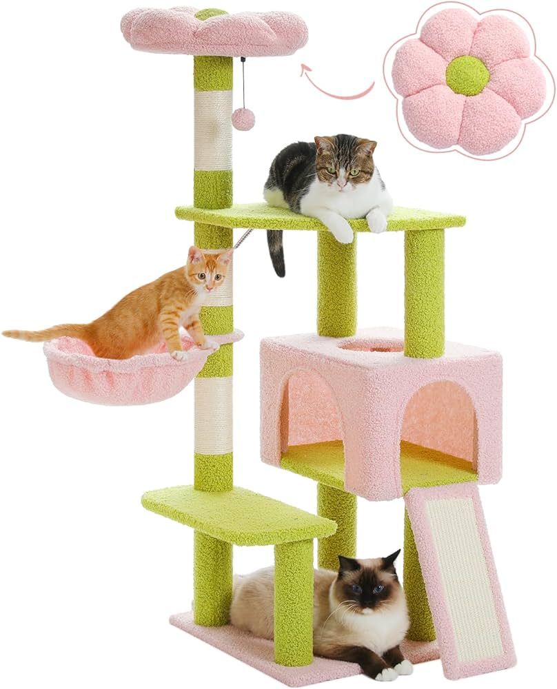Flower Cat Tree 47.2" Multi-Level Cat Tower with Sisal Covered Scratching Posts, Cute Cat Condo f... | Amazon (US)