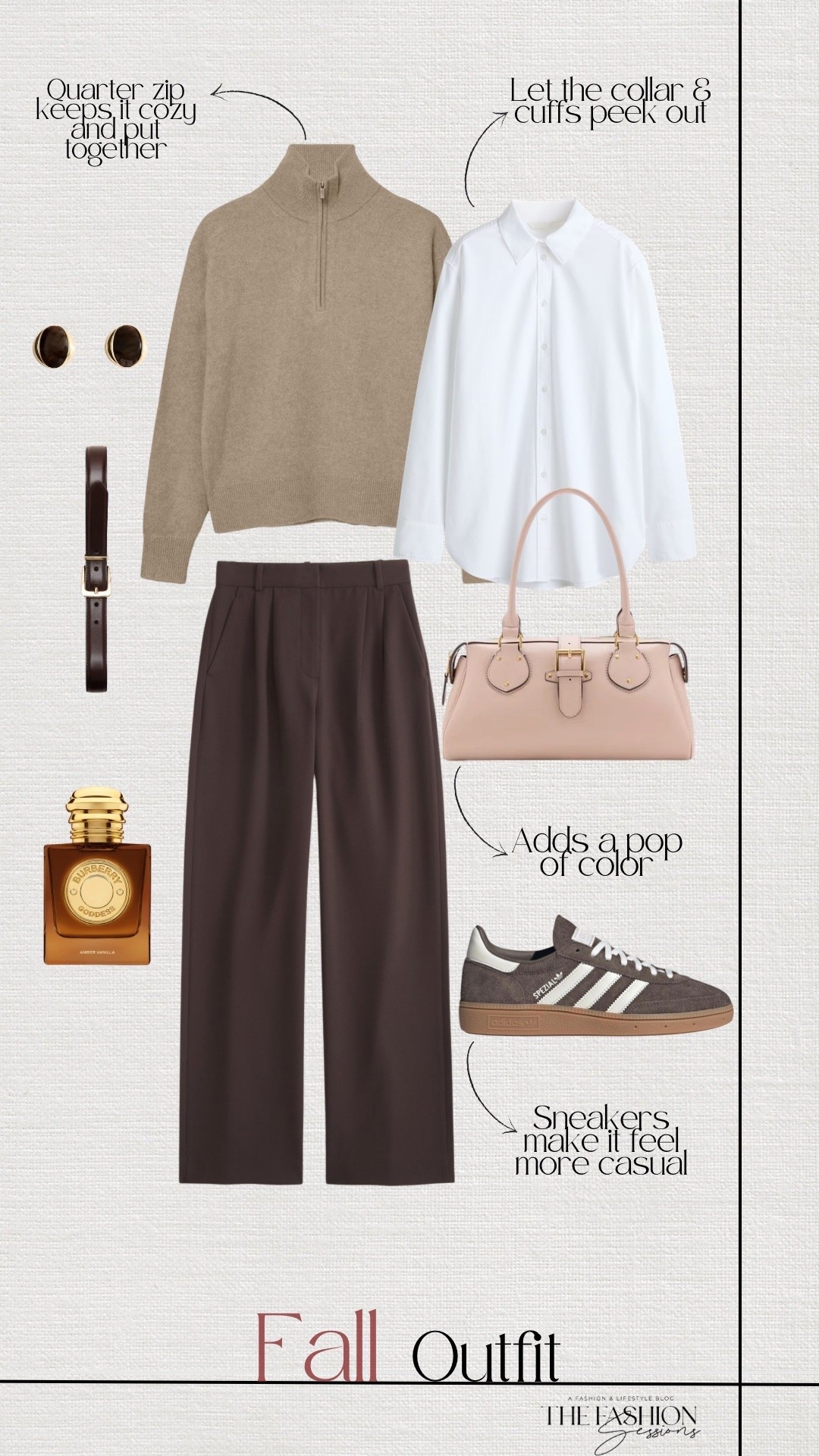Fall outfit idea | Wear a white button-up under a camel quarter zip, then add brown trousers and suede sneakers for a relaxed, preppy look. The soft pink bag adds a pop of color, and the tortoise earrings and brown belt keep everything in the fall palette.

#LTKootd #LTKSeasonal #LTKOver40
