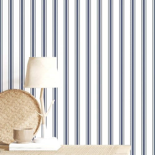 Sevalo Striped Peel and Stick Wallpaper Blue and White Striped Contact Paper for Cabinets Navy Blue Stripes Self-Adhesive Removable Wallpaper Modern Bedroom Bathroom Accent Wall Decor 17.3inW 78.7inL | Amazon (US)