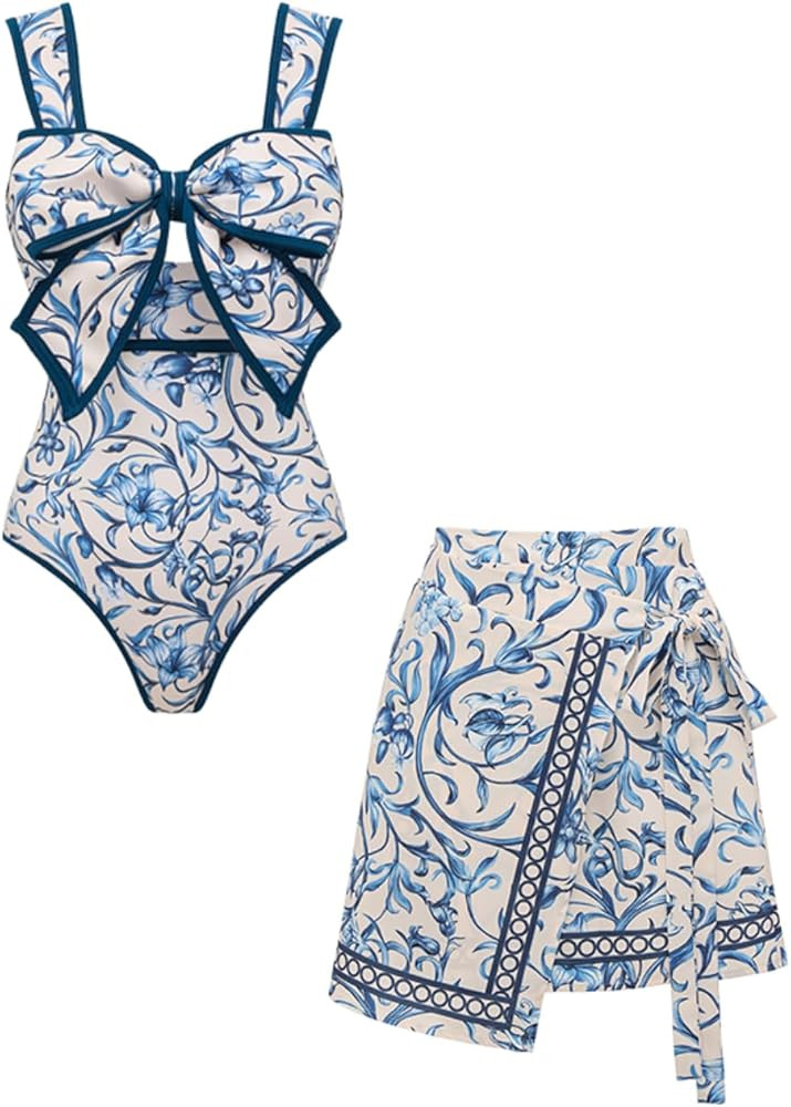 FLAXMAKER Black and White Swimsuit Bow-tie Decor Women's Polka dot Print Skirt One Piece Bathing ... | Amazon (US)