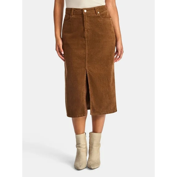 Time and Tru Women's Corduroy Midi Skirt with Front Slit, Sizes 0-20 | Walmart (US)
