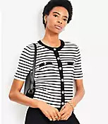 Petite Stripe Ribbed Short Sleeve Cardigan | LOFT