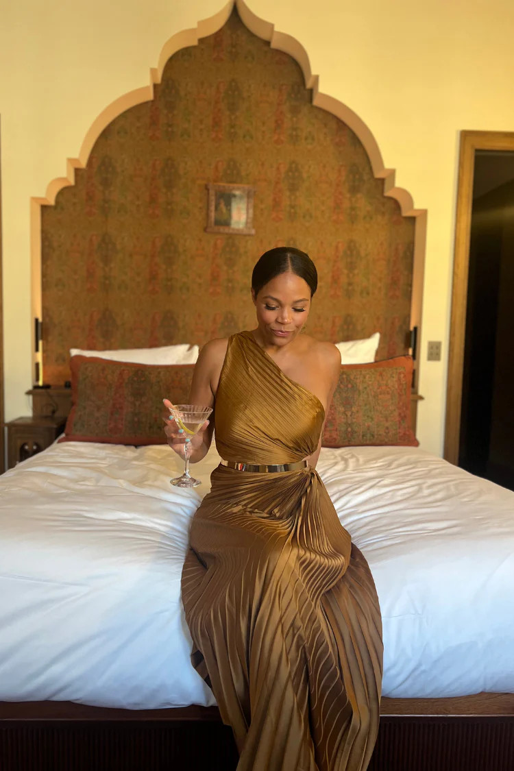 Olympia Bronze Pleated One Shoulder Gown | Confête