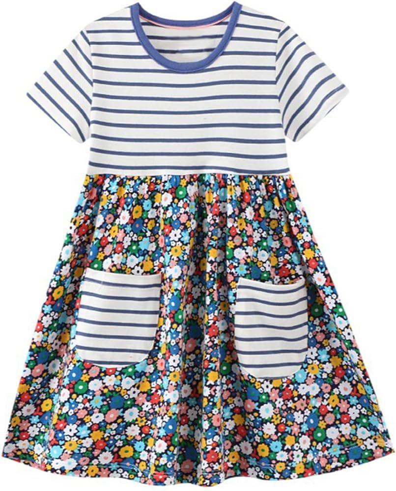 HILEELANG Toddler Girls Short Sleeve Cotton Casual Dress Summer Spring Cartoon Appliques Playwear Ba | Amazon (US)