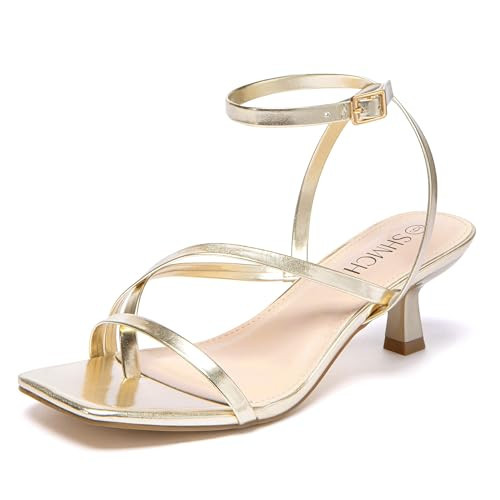 SHMCH Strappy Kitten Heels for Women Lace Up Square Open Toe Kitten Mini Heels Flip Flops Sandals for Party Casual Gold Heels 7.5 | Amazon (US)