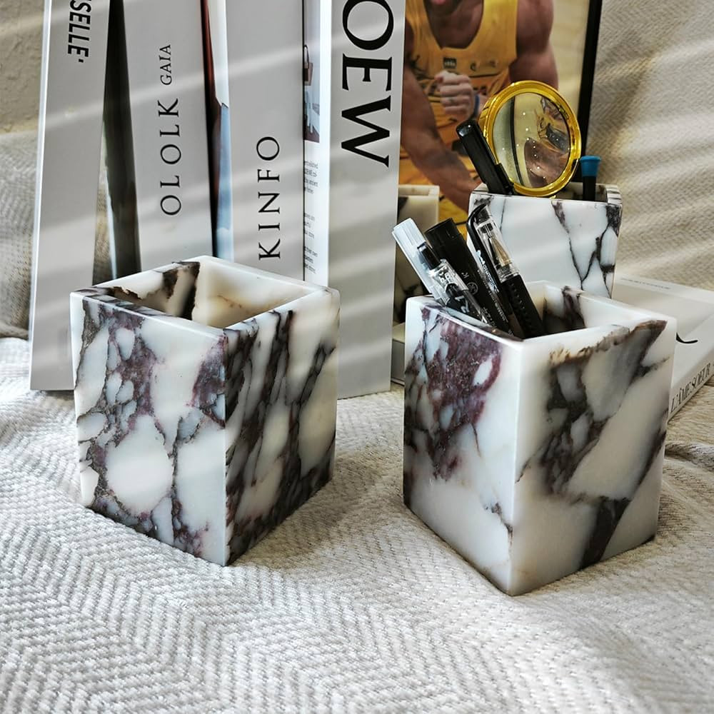 Marble Pen Holder, White Stone Rectangular Desktop Organizer, Office Study Makeup Brush Storage, ... | Amazon (US)