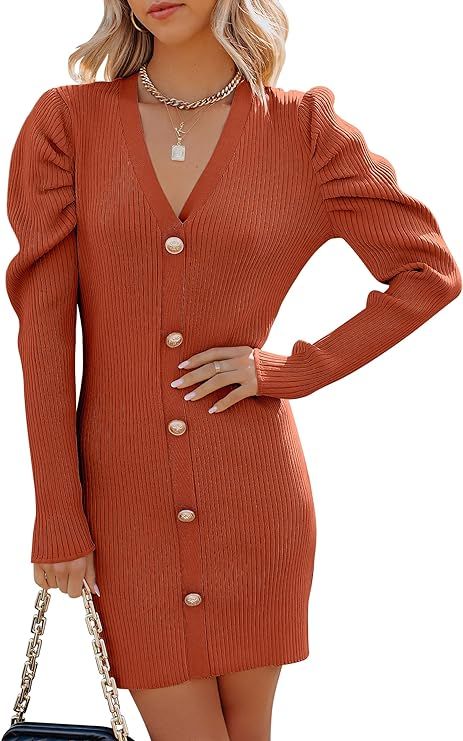 ANRABESS Women's Puff Long Sleeve V Neck Buttons Ribbed Knit Slim Fit Pullover Sweater Bodycon Mi... | Amazon (US)