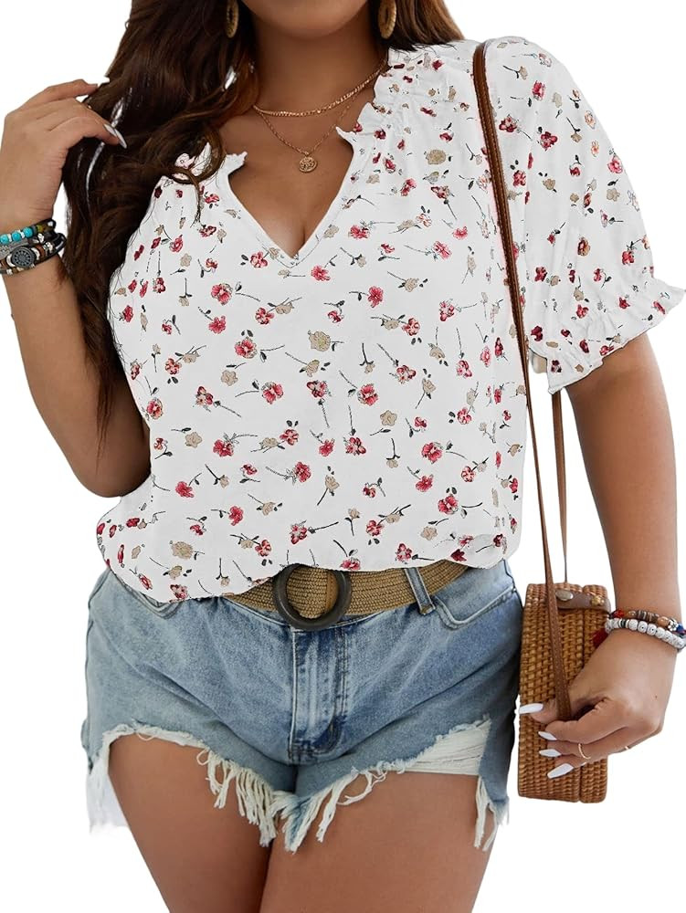SOLY HUX Women's Plus Size Allover Printed Notched V Neck Short Sleeve Casual Blouse Tops | Amazon (US)