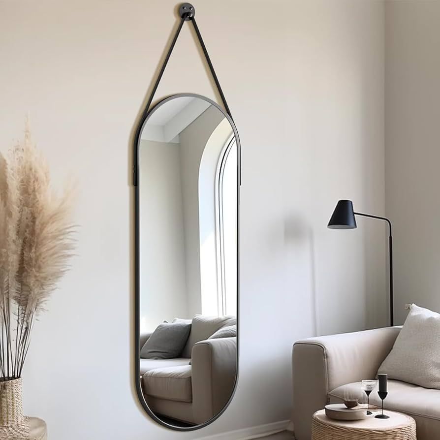 Dewfig 16"x48" Oval Full Length Mirror with Leather Strap Hanging Mirror with Aluminum Frame, Ova... | Amazon (US)
