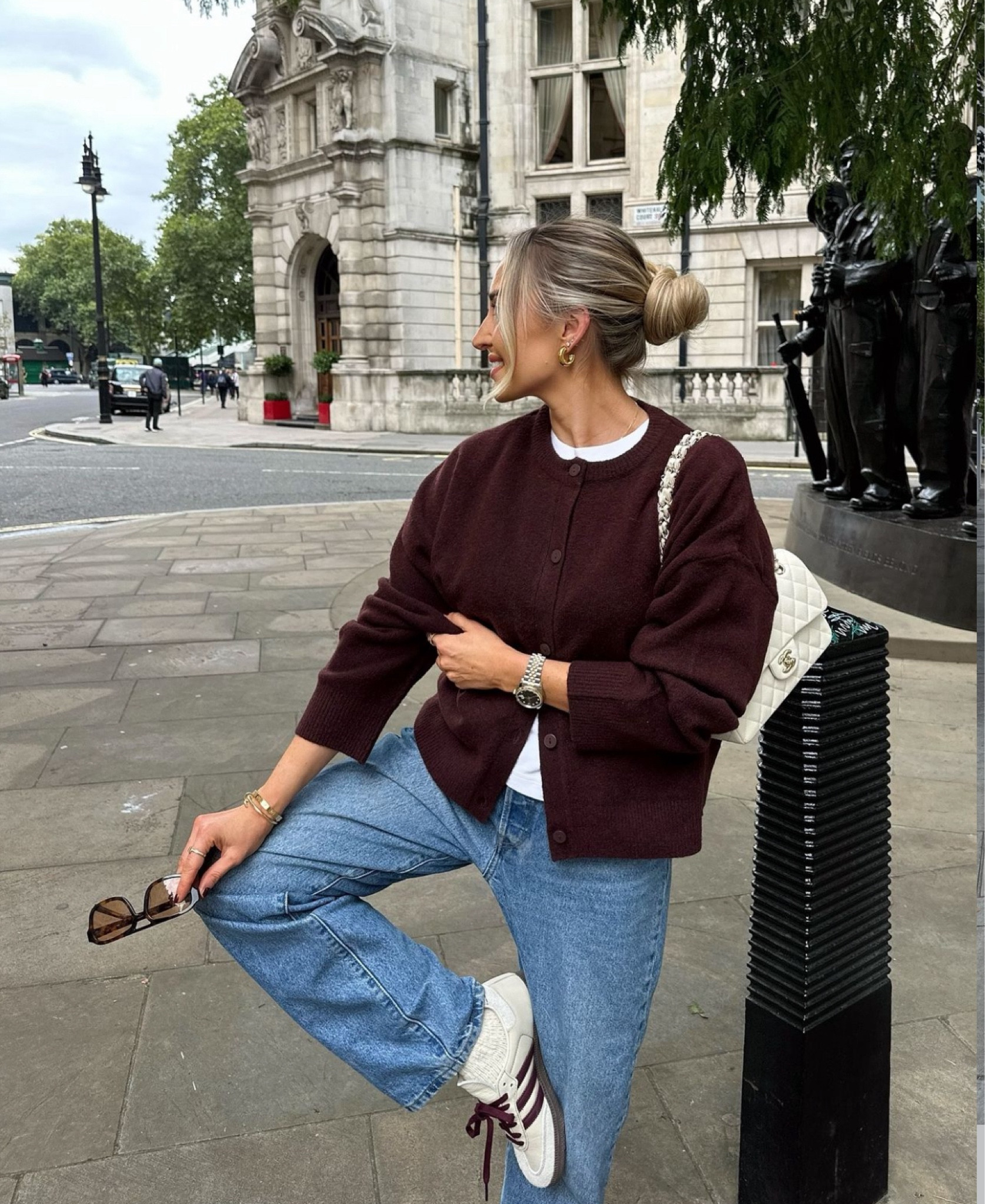 Autumn Favourites 06 - New Look have pulled it out the bag this season and burgundy is all the rage! This cardigan is super cosy, layered with my classic Cos white t-shirt, blue jeans and a touch of burgundy in my Adidas. Add a pair of sunnies incase the sun does come out!

#LTKworkwear #LTKautumn #LTKstyletip