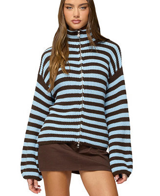 Women's High Neck Striped Zip Up Sweater | Macy's
