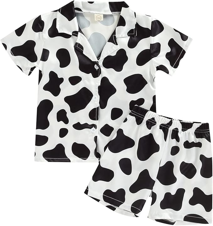2-Piece Toddler Girl Silk Pajamas Set Cow Print Short Sleeve Button-Up Shirt and Shorts Satin Sum... | Amazon (US)
