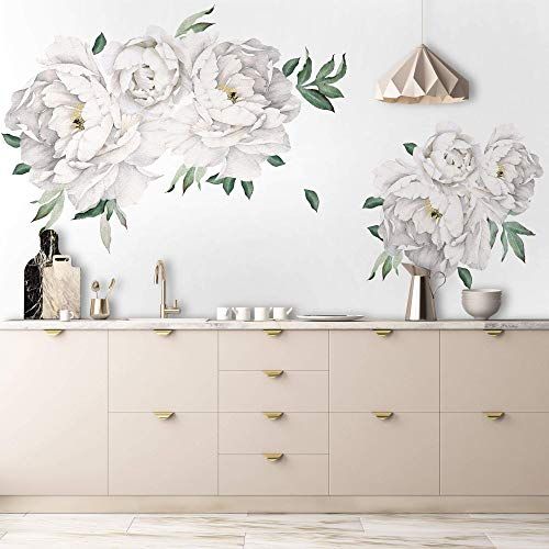 Amazon.com: Murwall White Peony Wall Stickers Floral Decals for Bethroom Kitchen: Handmade | Amazon (US)