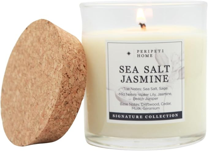 PERIPETI Home Sea Salt + Jasmine Scented Candle - Classic Wick, 8.5oz Natural Soy Wax for Calming... | Amazon (US)