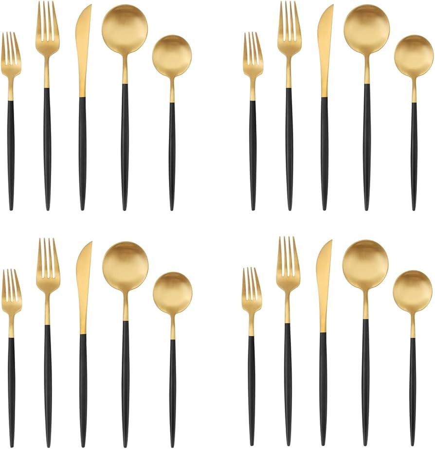 Matte Gold Silverware Set with black handle, Bysta 20-Piece Stainless Steel Flatware Set, Kitchen... | Amazon (US)