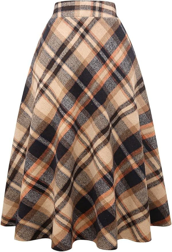 IDEALSANXUN Womens Plaid Wool Skirts Elastic Waist A-Line Pleated Tartan Long Skirts | Amazon (US)
