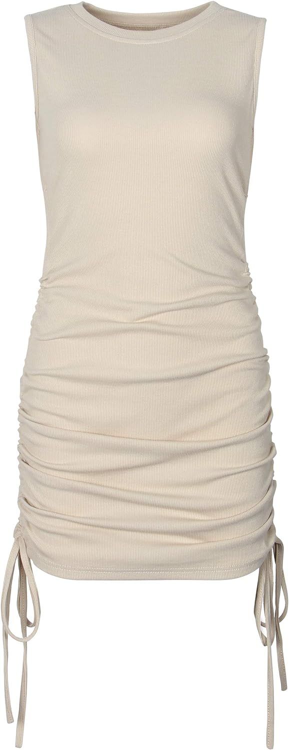 PALINDA Women's Crew Neck Ribbed Casual Ruched Tank Sleeveless Bodycon Mini Dress | Amazon (US)