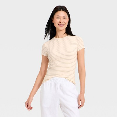 Women's Ribbed T-Shirt - A New Day™ Beige L | Target