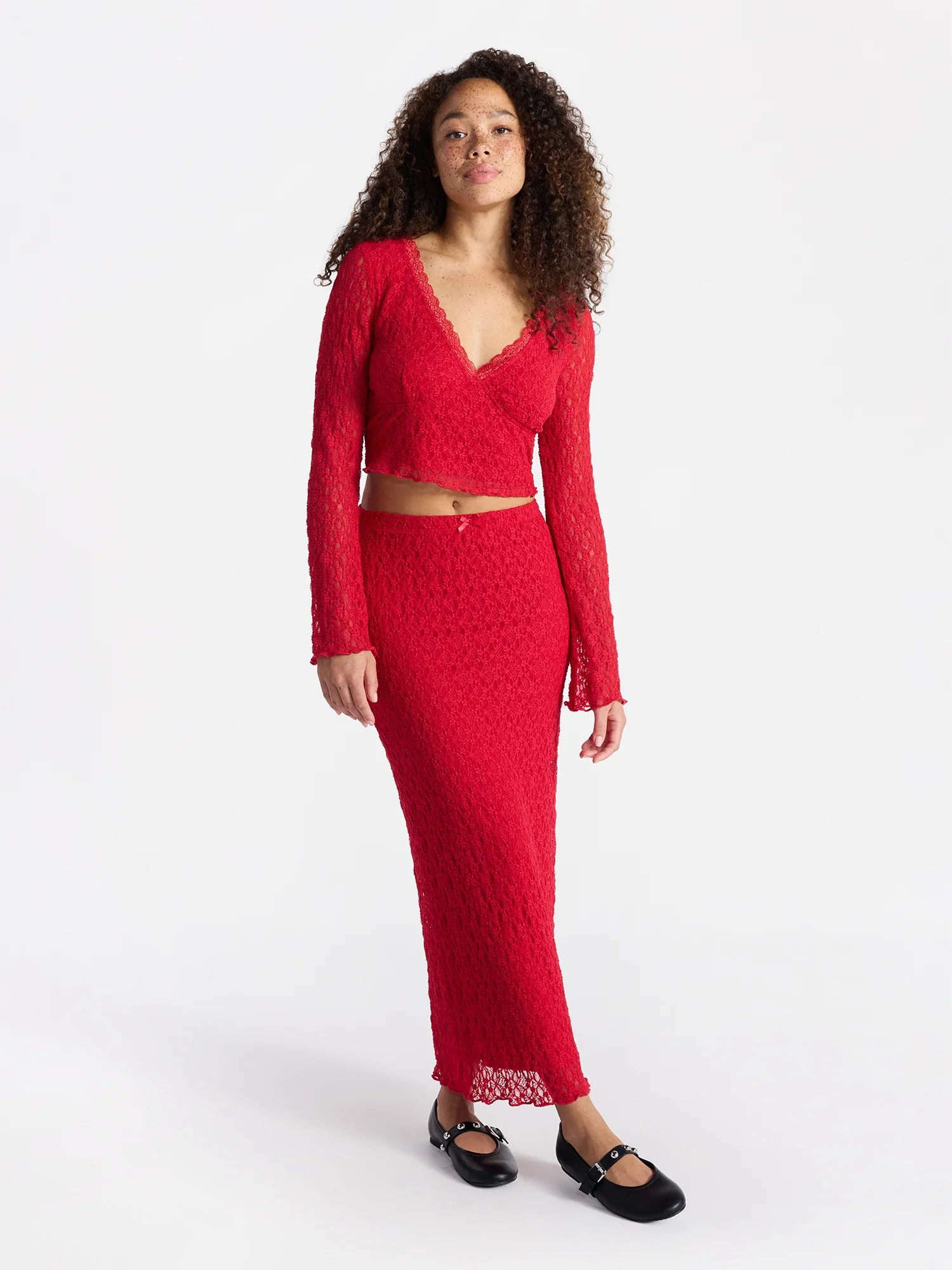 No Boundaries Lace Long Sleeve Crop Top and Midi Skirt Set, 2-Piece, Women’s | Walmart (US)