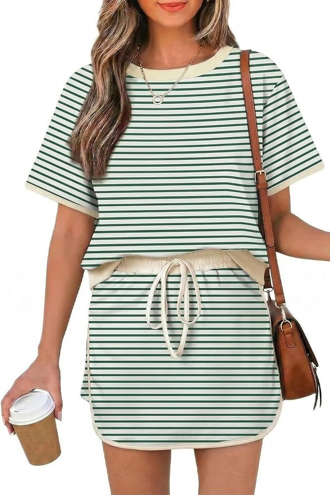 Opemiby Womens 2 Piece Skort Set 2026 Color Block Short Sleeve Top Drawstring Skort Matching Sets... | Amazon (US)