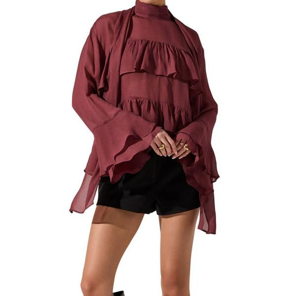 Women's ASTR The Label Fae Tiered Ruffle Long Sleeve Blouse XSmall Wine | Scheels Sports