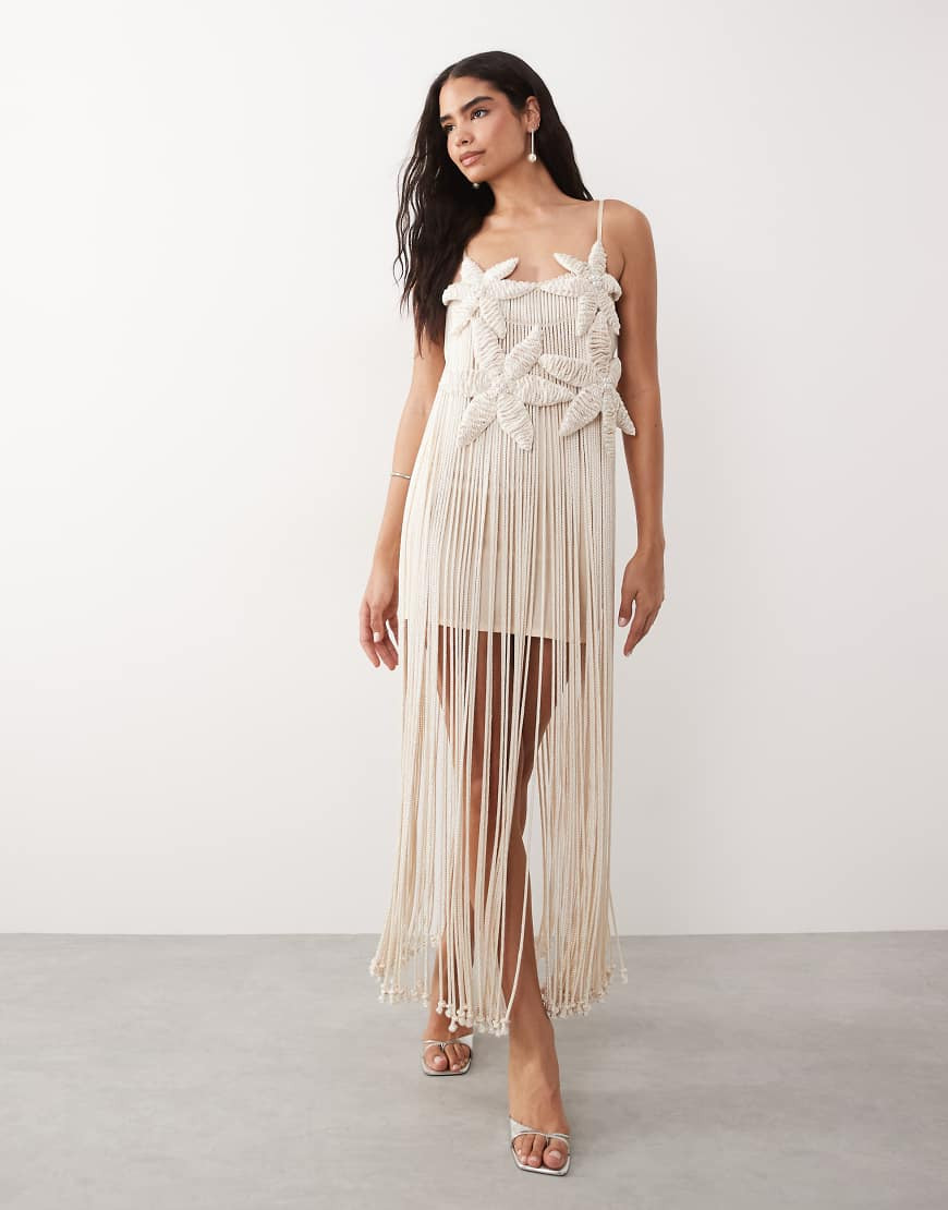 ASOS LUXE premium crochet flower maxi dress with shell detail in cream-White | ASOS (Global)