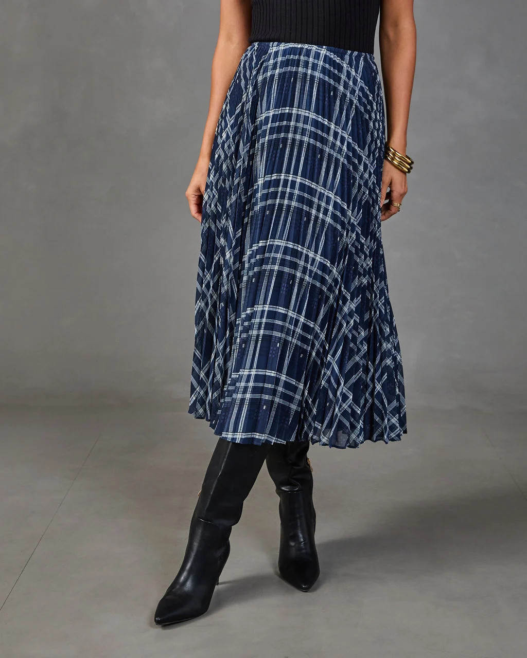 Suzanne Pleated Plaid Midi Skirt Navy Plaid / M | VICI