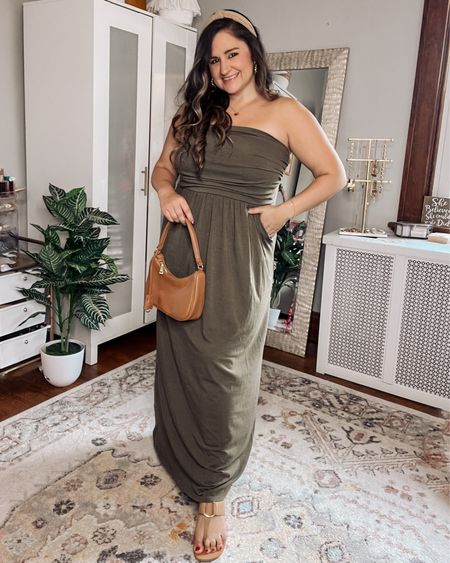 The perfect strapless dress for a casual summer outfit! Wearing an L in the army green cotton dress. Paired with brown sandals, brown purse, and a headband!

Curvy style, midsize style, maxi dress 

#LTKunder50 #LTKcurves #LTKFind