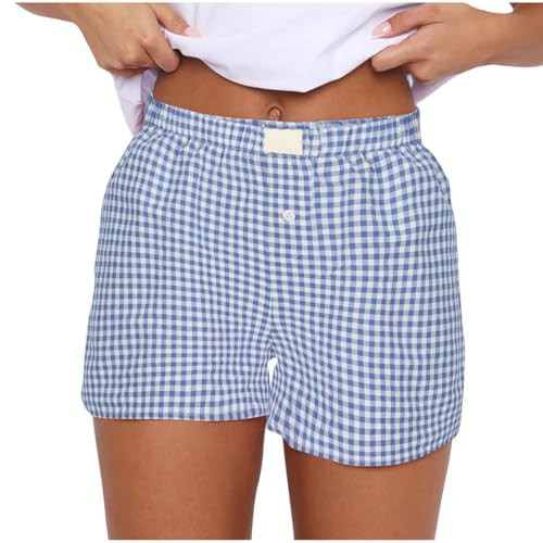 TISDEN Women Pajamas Shorts Y2k Elastic Waist Plaid Boxer Shorts Cute Gingham Sleep Lounge Shorts Bottoms Light Blue | Amazon (US)