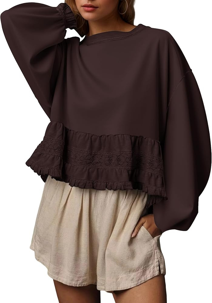 Crew Neck Crop Oversized Sweatshirts For Women Casual Long Puff Sleeve Babydoll Tops Loose Lace P... | Amazon (US)