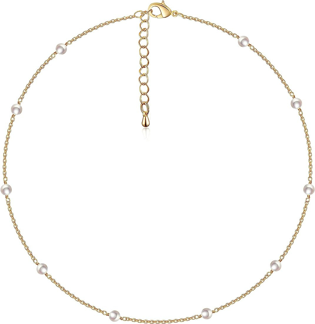 Cowlyn Pearl Choker Dainty Adjustable Necklace 18K Gold Plated Cultured Barque Pearl Tiny Chain D... | Amazon (US)