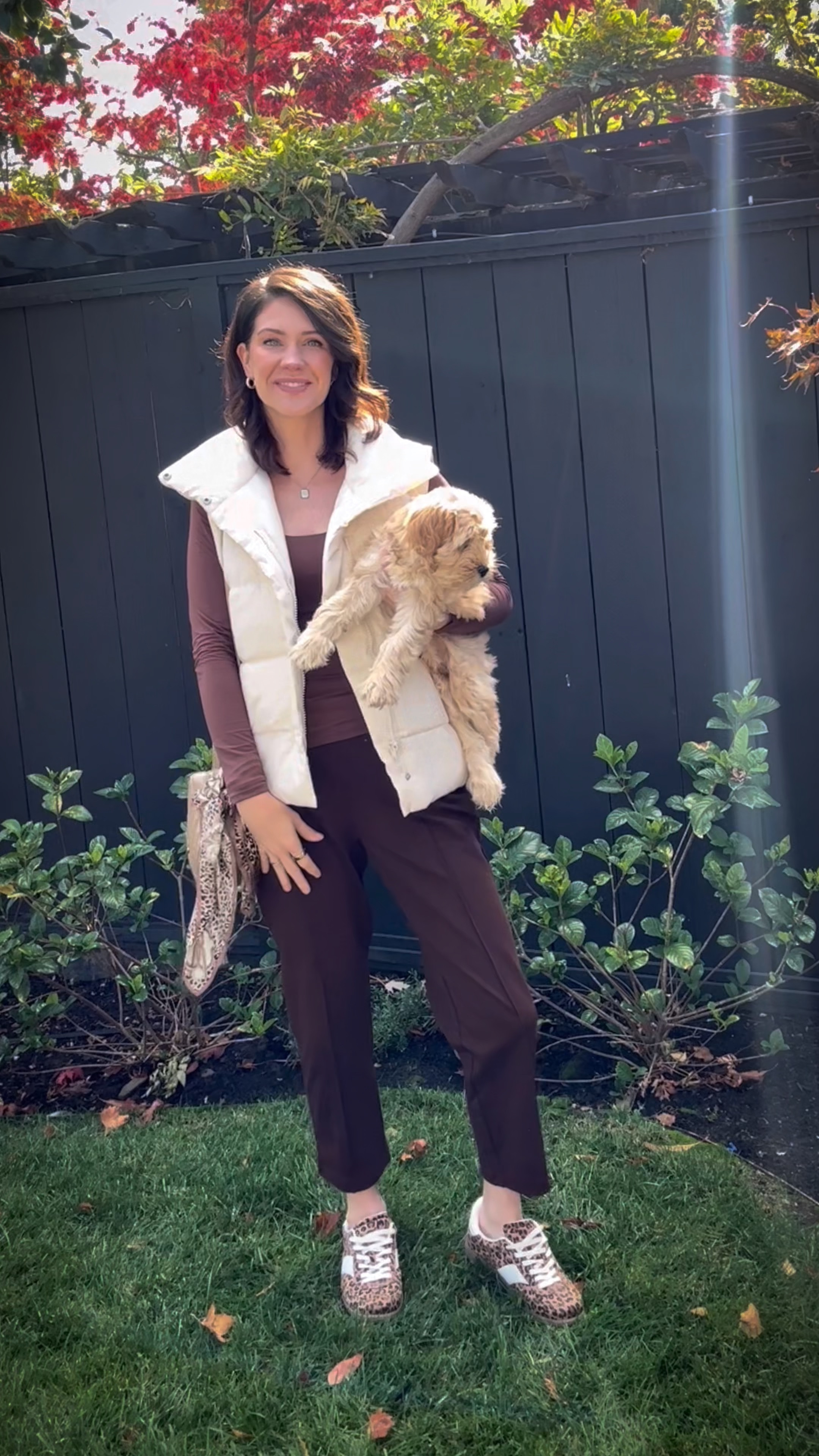 Pumiey long sleeve: I sized up to a medium for a looser fit. 
Brown pants: small (tts or size down) 
Puffer vest: small 
Leopard sneakers: tts 

#LTKFindsUnder50 #LTKSaleAlert #LTKSeasonal