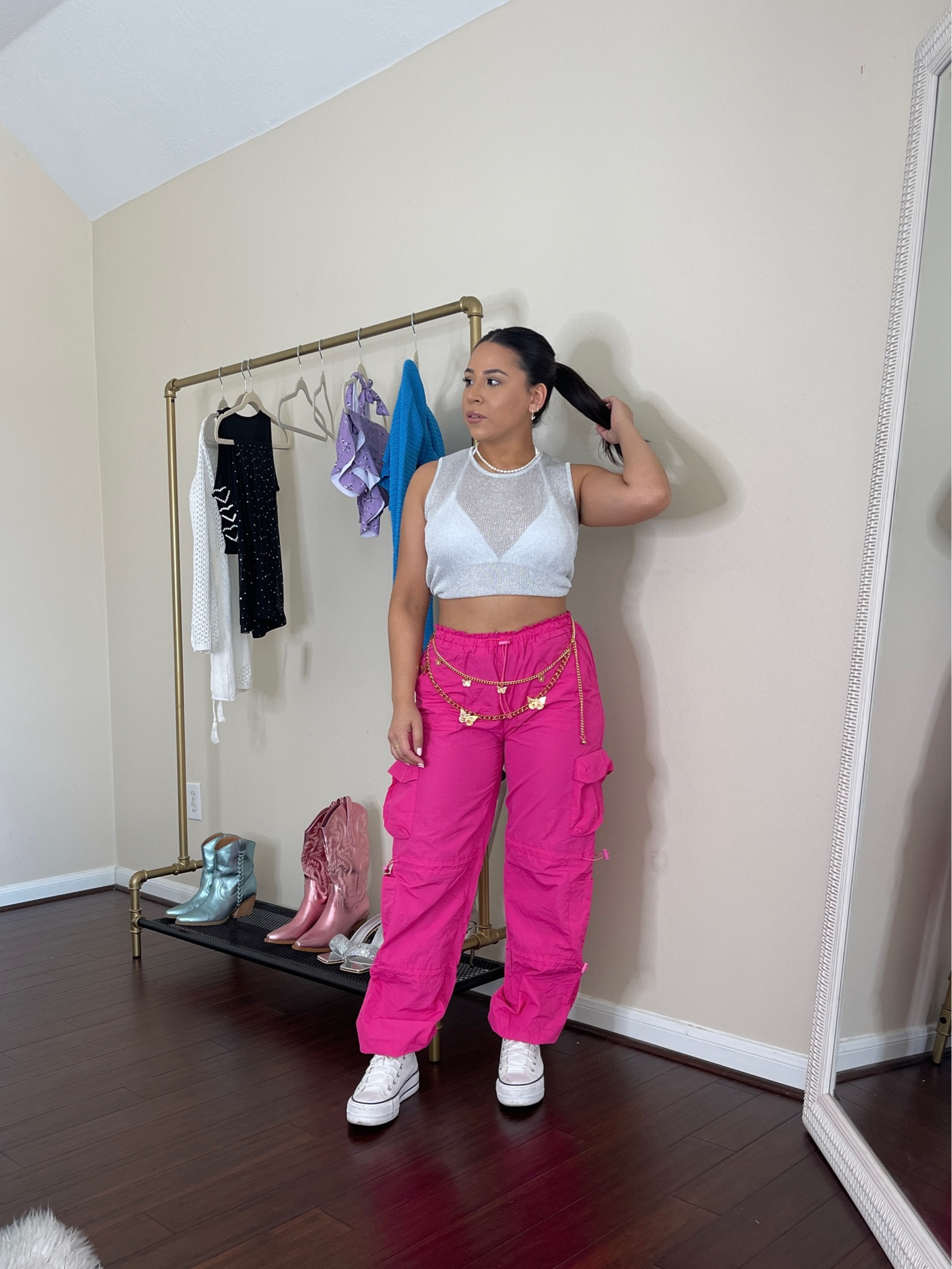 Karol g concert outfit idea 
Bikini top: small
Cargo pants: xs
Mesh top: small
Platform converse: 5.5 
Chain belt 
Pearl necklace 

#LTKunder50 #LTKSeasonal #LTKstyletip