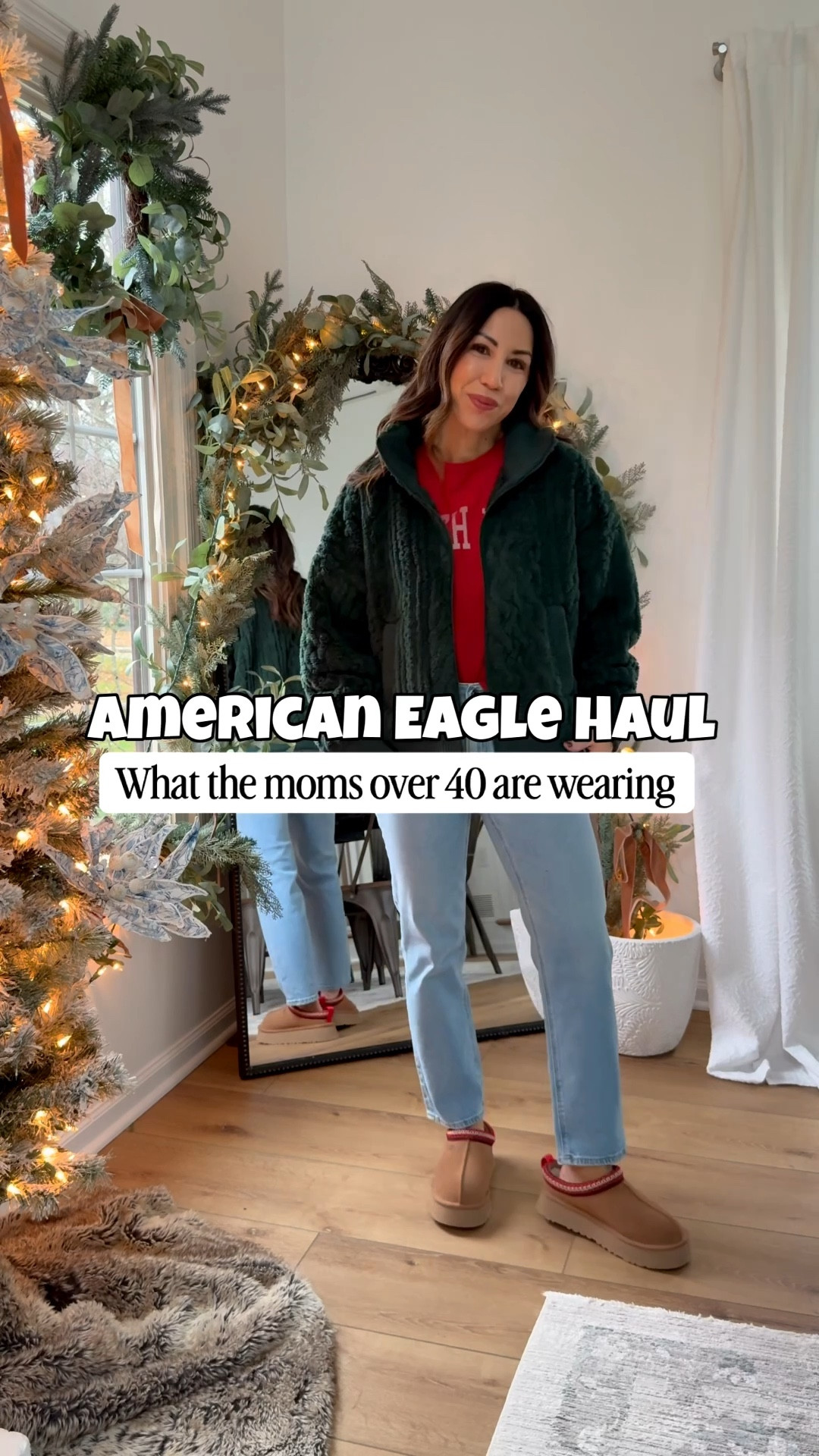 A touch of holiday with these new arrivals from @americaneagle. Festive tops that can do double time as casual weekend pieces all season long. And the jeans are just perfection. Honestly, @americaneagle just knows how to do bottoms so well. And it’s all on sale! #AEPartner #AEJeans

Jeans 0 x-short. Faux leather pants 0. Tops small. Sherpa sweatshirt Xs/small. 

Holiday outfits 

#LTKFindsUnder50 #LTKHoliday #LTKSaleAlert