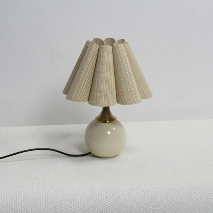 Retro Handmade Scallop Shape Khaki Stripes Fabric and Ceramic Base Table Lamp, Desk Lamp, Mid Cen... | Amazon (US)