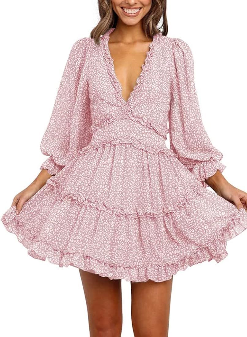 Dokotoo Womens 2023 Fall Spring Deep V Neck Ruffle Long Sleeve Floral Print Mini Dress | Amazon (US)