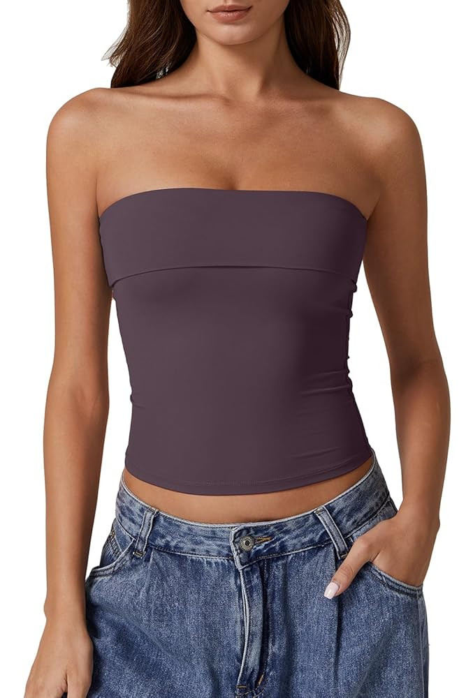 QINSEN Women's Tube Tops Strapless Bandeau Tops Double Lined Slim Fit Summer Going Out Tank Tops | Amazon (US)