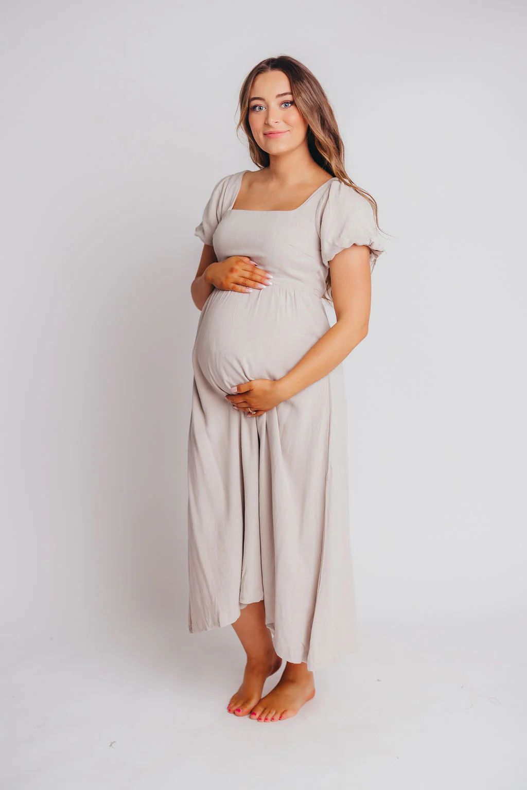 Ainsley Square Neck Midi Dress with Puffed Sleeves in Oat - Bump Frien | Worth Collective