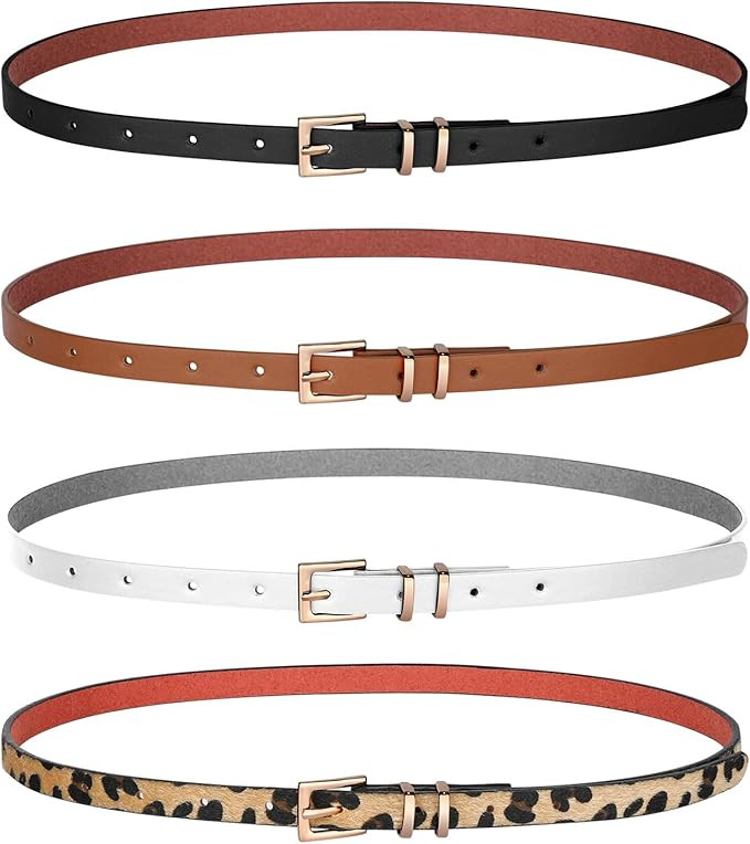 JASGOOD 4 Pack Women Skinny Leather Belt Thin Waist Belt with Gold Buckle for Jeans Pants Dress | Amazon (US)