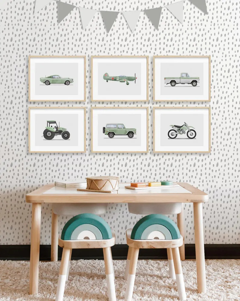 Set of 6 Sage Green Vehicle Prints, Boys Room Decor, Retro Car Prints for Boys Room, Kids Room Wa... | Etsy (US)