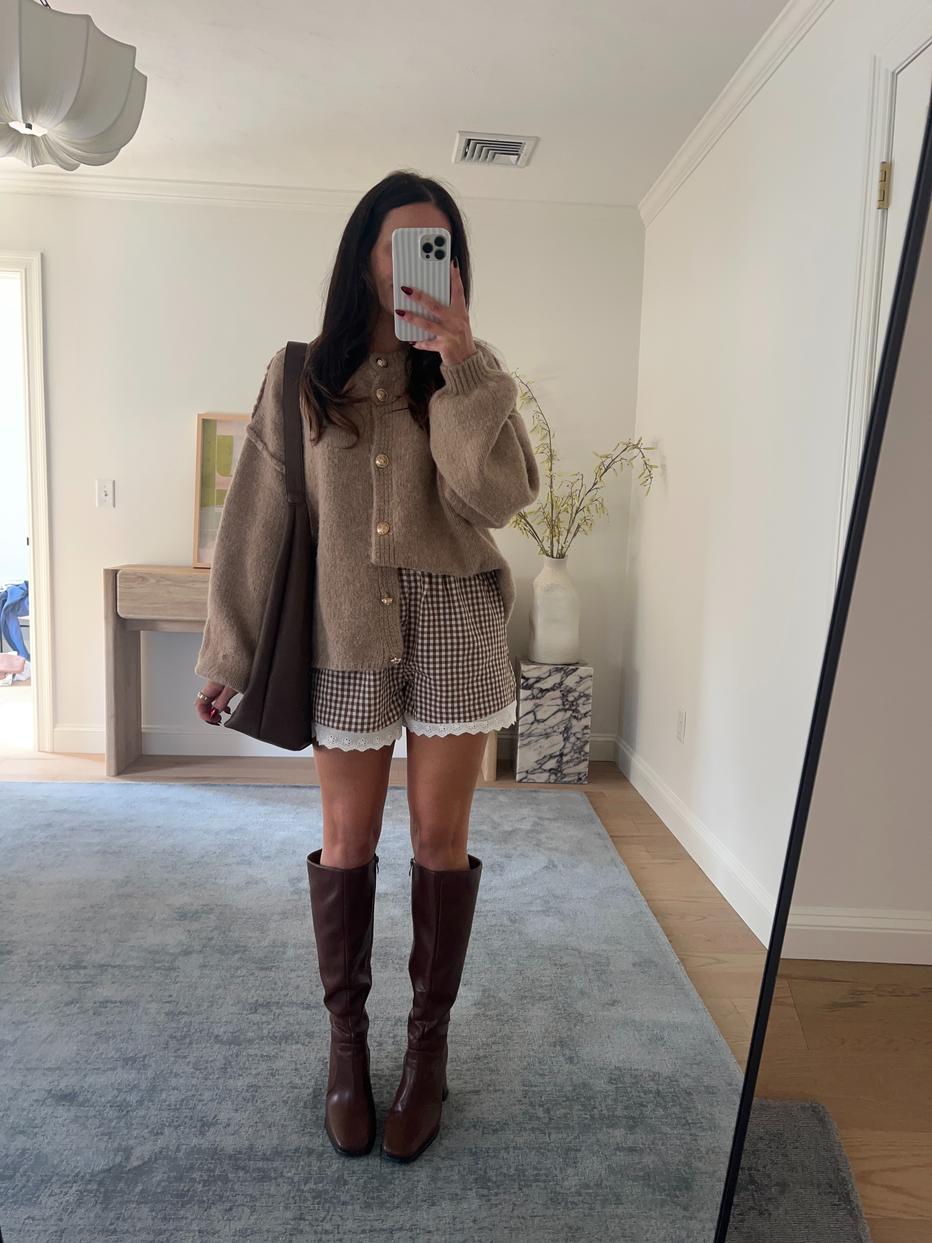 Cozy cardigan outfit for fall! Wearing S in the sweater, XS in these shorts, boots true to size 

 #LTKSeasonal