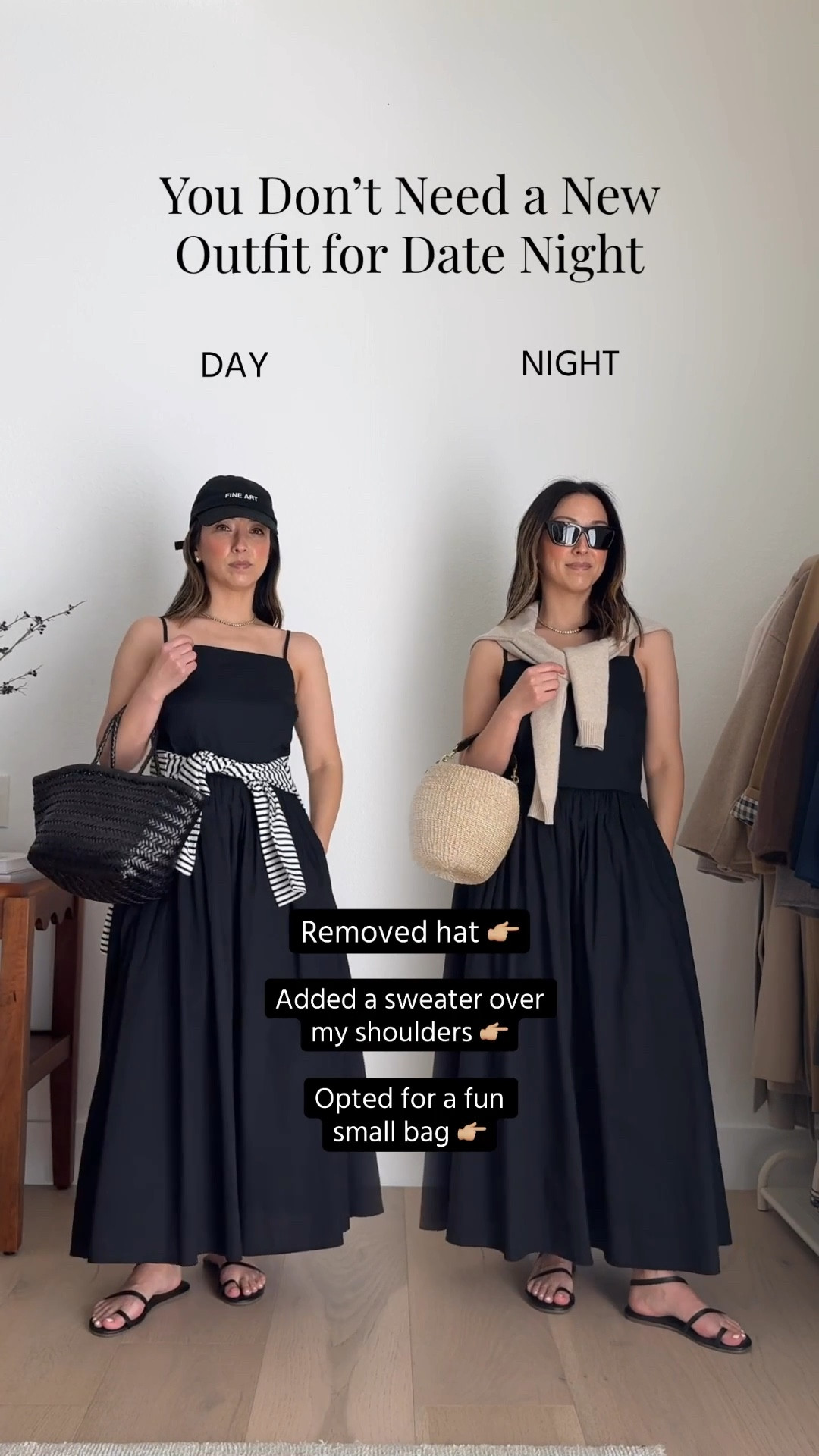 You don’t need a new outfit for date night. Showing you how to transition your day outfits to night. 

Look 1 

Madewell tee xs
Banana Republic shorts petite 0 - old, linked similar
Hermes Oran sandals 35

J.crew linen button down medium - old
Aritzia belt small
Chanel trendy cc small
YSL sunglasses 

Look 2
Free Assembly dress xs - old
Dragon Diffusion triple jump small
Tkee sandals 5
J.Crew cashmere sweater small
Clare V bag - old version
YSL sunglasses 
Quince earrings
Dorsey James necklace 15”

Look 3
Everlane high neck tank small -old
Zara shorts xs - old
Everlane sandals 5
Marea tote - sold out, linked similar
Madewell cardigan small - old
Hermes Oran sandals 35
J.crew mini woven bag - old 
Quince earrings
Dorsey James necklace 15”

Spring outfits 2026, date night outfits, spring dresses 

#LTKootd #LTKSeasonal #LTKPetite